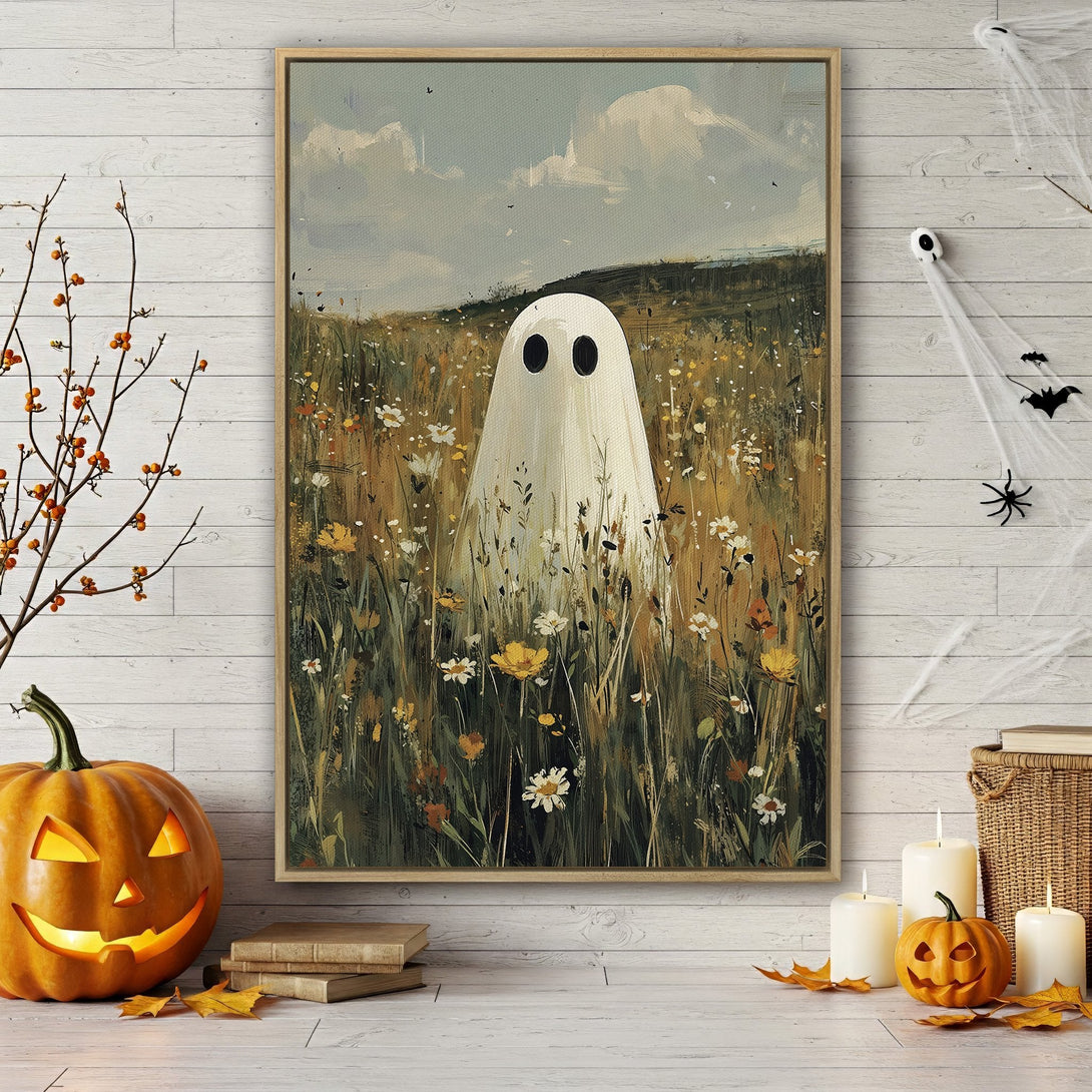 Framed Wall Art: Whimsical ghost in a field of wildflowers. Rustic style with muted greens, yellows, and blues. Perfect Halloween decor!