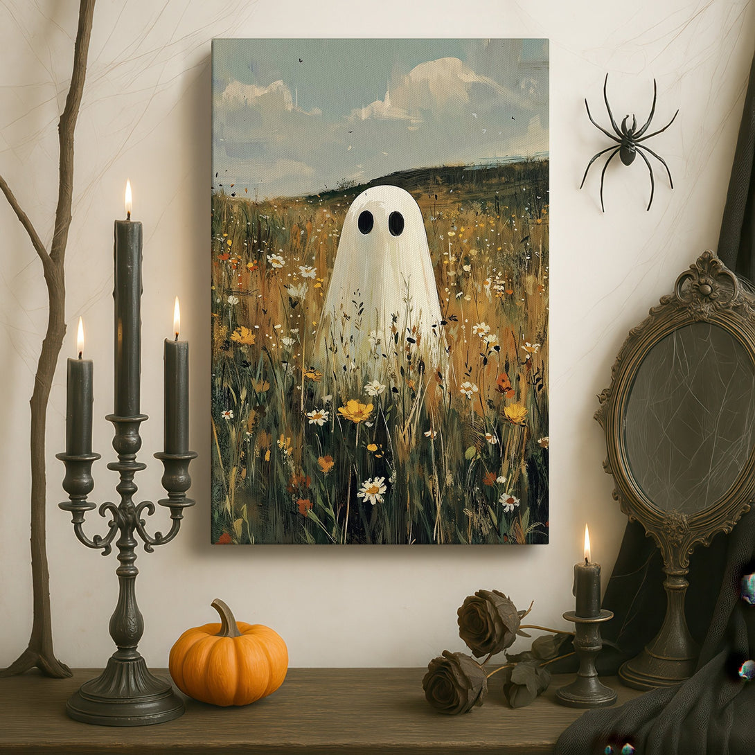Framed Wall Art: Whimsical ghost in a field, displayed in a luxurious interior. Soft color palette, perfect for adding a touch of fun to your space.