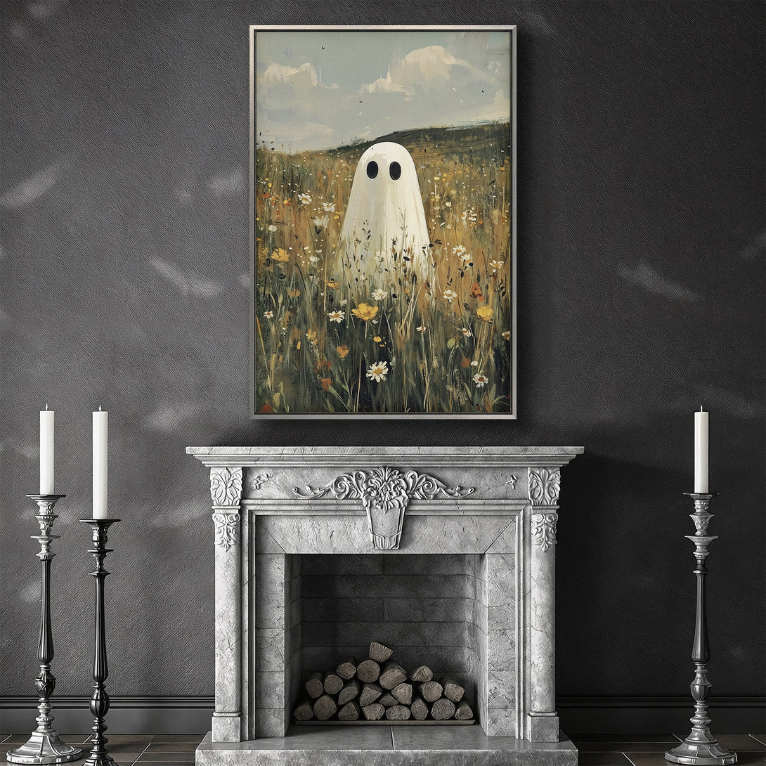 Framed Wall Art: Whimsical ghost in a field of flowers. Vintage style with a muted, earthy color palette. Perfect for adding a touch of spooky charm.