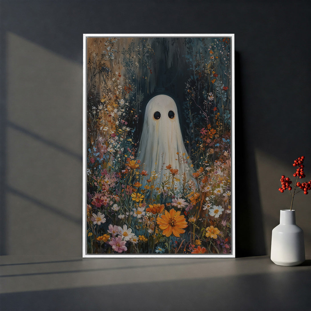 Framed Wall Art: Whimsical ghost in a floral field. Vintage style canvas print with a moody, colorful palette. Perfect for Halloween decor!