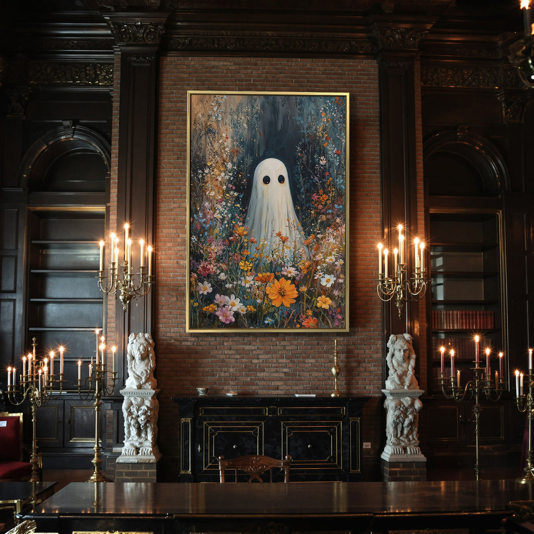 Canvas Print featuring a whimsical ghost in a colorful floral field, perfect for Halloween decor. Moody, painterly style with a vibrant palette.