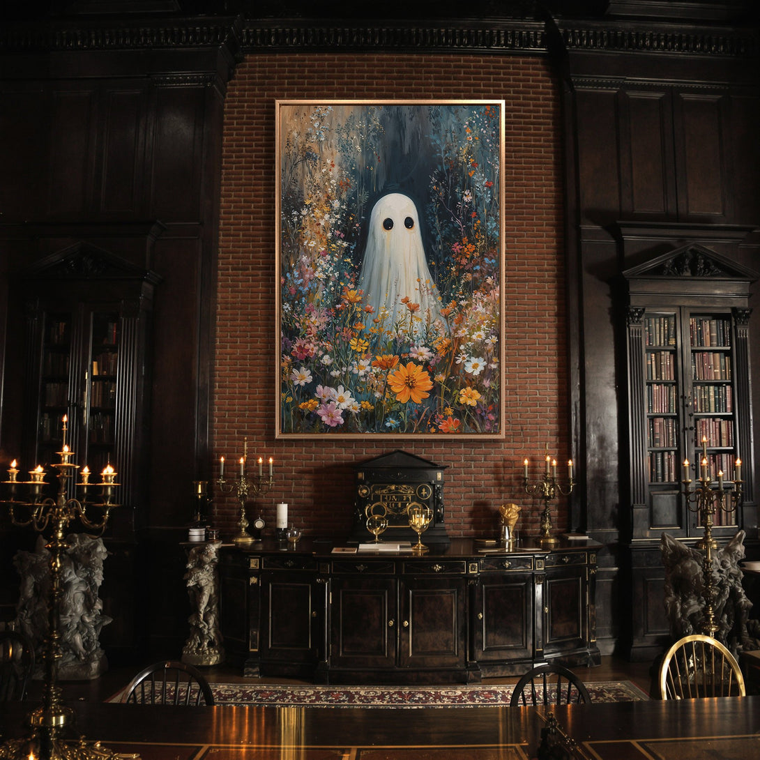 Framed Wall Art featuring a whimsical ghost in a floral garden, displayed in a dark, gothic interior. Rich, colorful palette with a touch of the macabre.