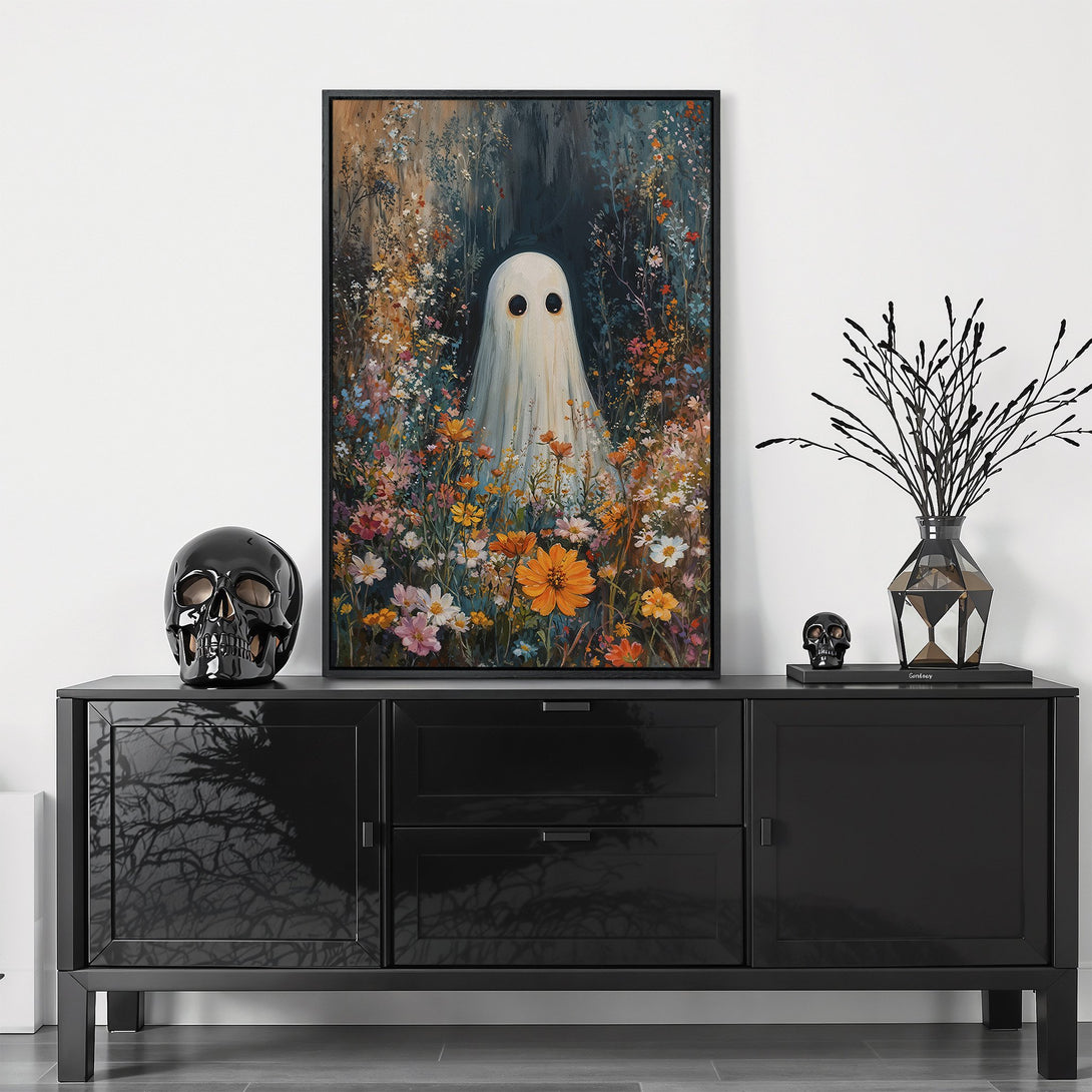 Framed Wall Art featuring a whimsical ghost in a colorful floral field. Perfect for Halloween decor! Warm, vibrant color palette.