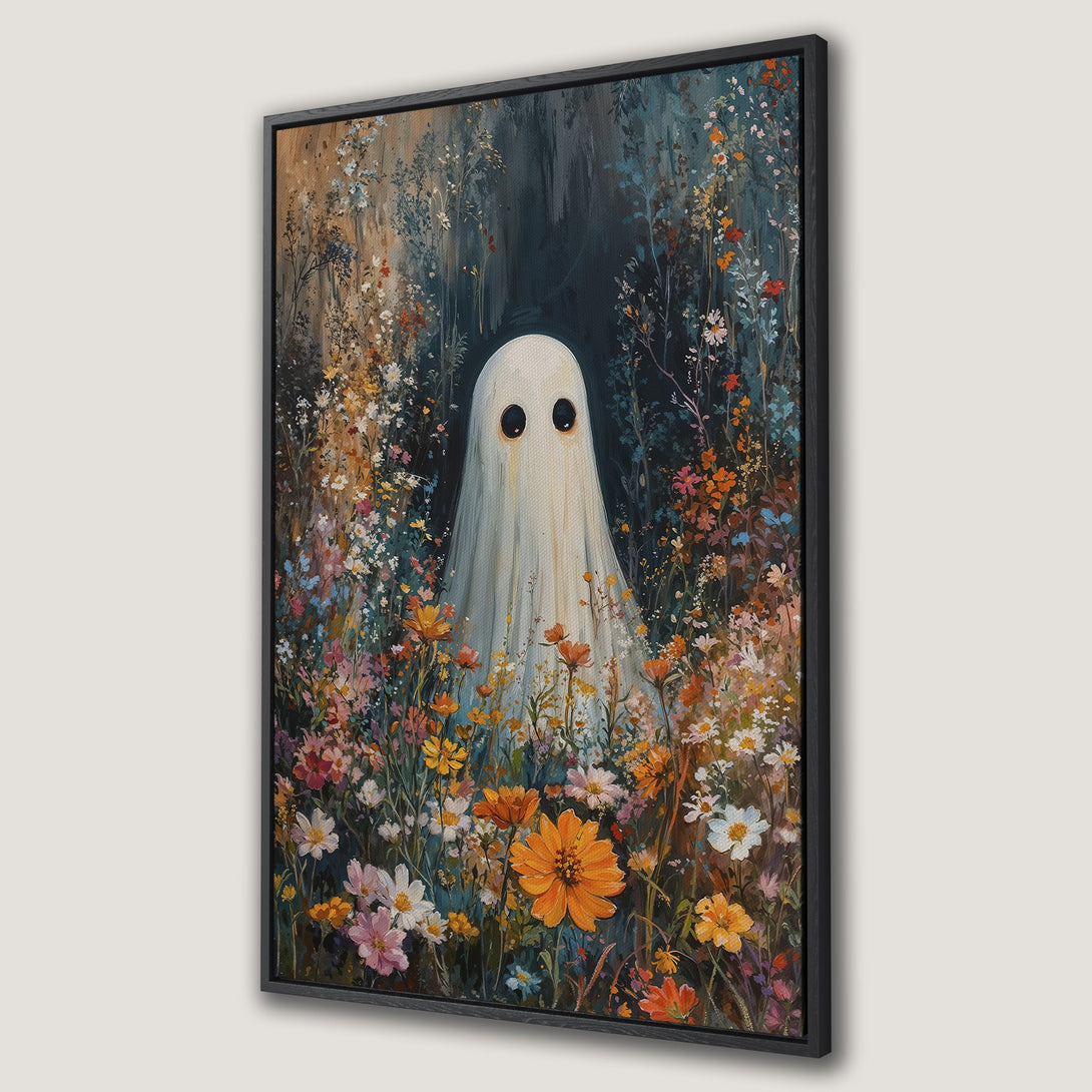 Framed Wall Art: Whimsical ghost in a floral field. Impressionist style with a colorful palette of blues, oranges, and greens. Perfect for Halloween decor!