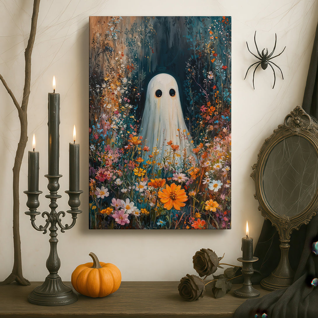 Framed Wall Art featuring a whimsical ghost in a floral field. A unique piece with a colorful palette, perfect for adding character to any room.