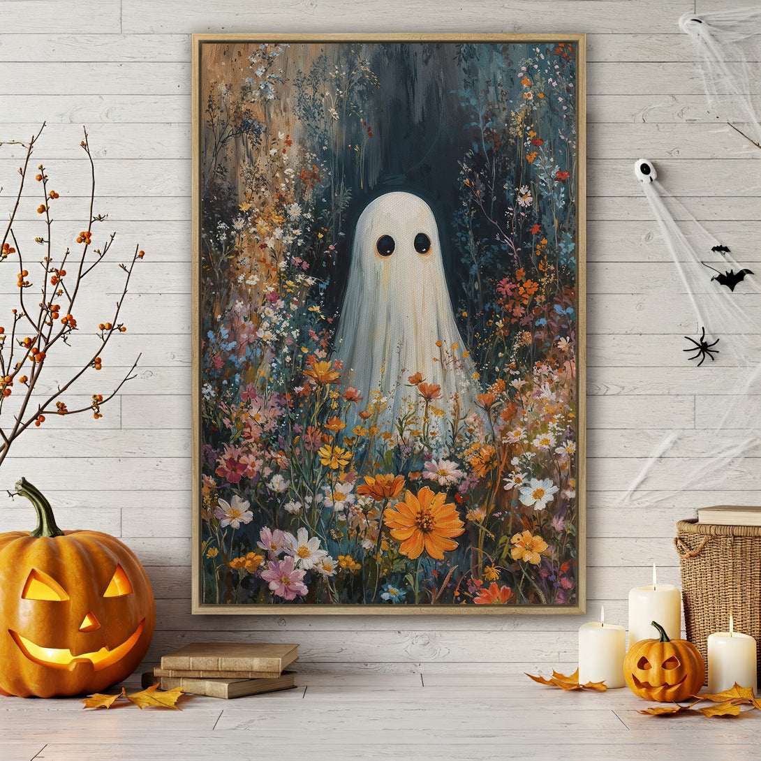 Framed Wall Art: Whimsical ghost in a floral field. Moody, painterly style with a vibrant color palette of orange, pink, and deep blues. Perfect Halloween decor!