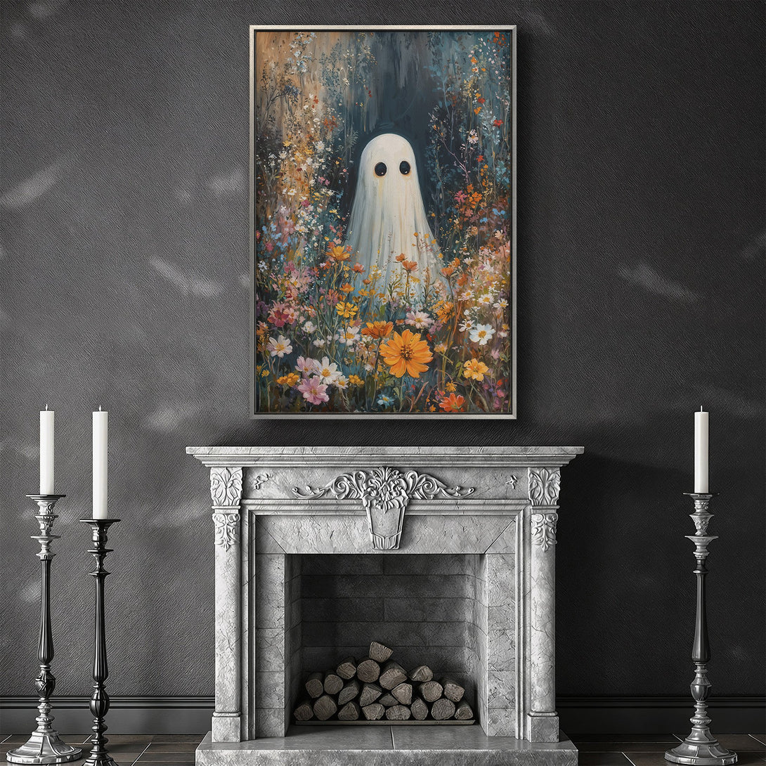 Framed Wall Art featuring a whimsical ghost in a floral field. Colorful, painterly style with a muted color palette. Perfect for Halloween decor.