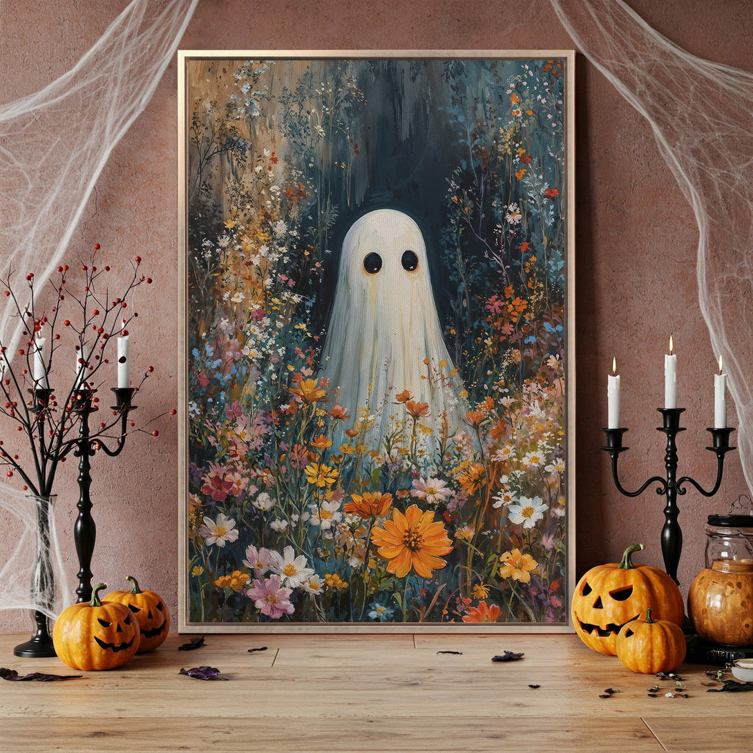 Framed Wall Art: Whimsical ghost in a floral field. Colorful, impressionistic style. Perfect Halloween decor with warm, earthy tones.