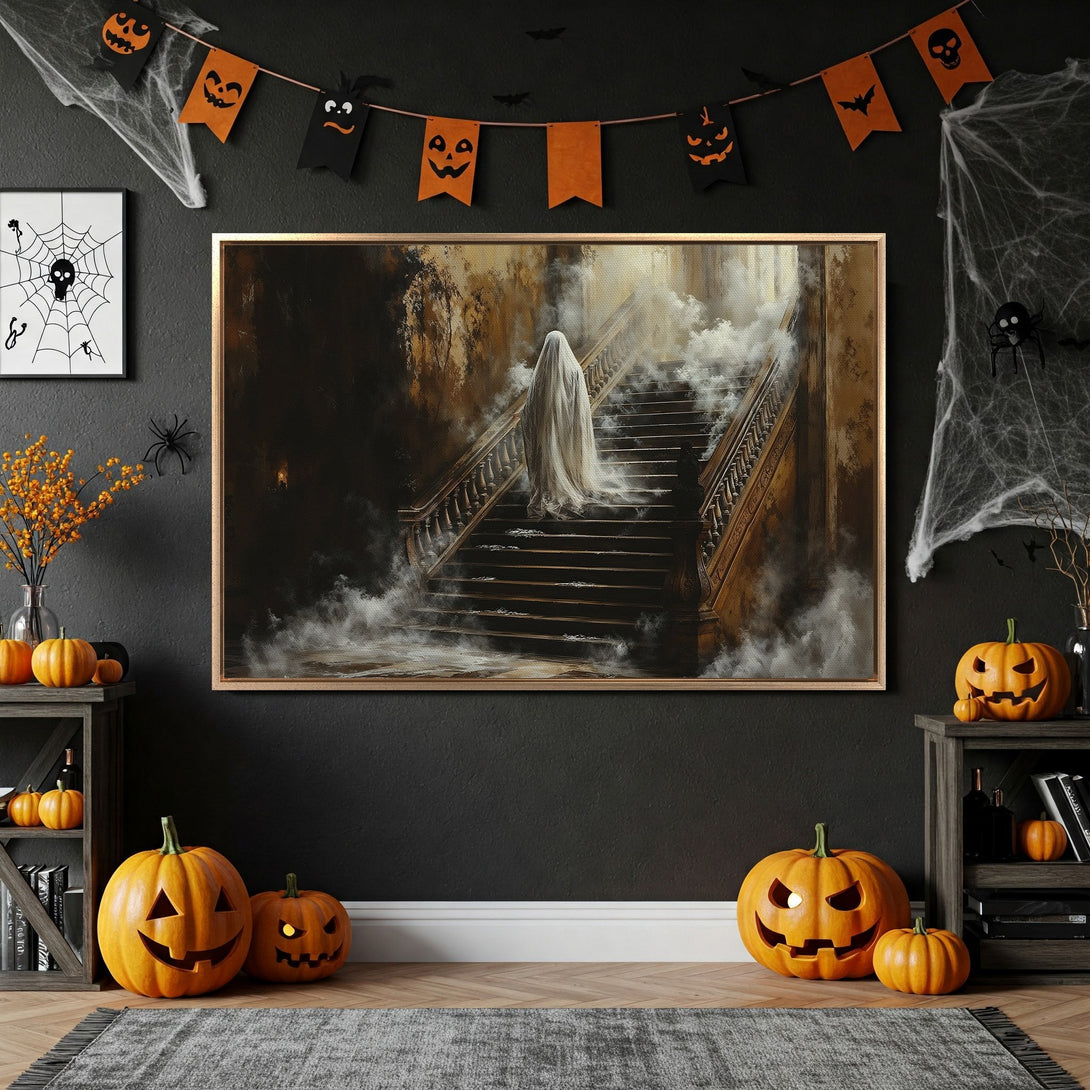 Framed Wall Art featuring a spooky ghost on a staircase, displayed in a Halloween-themed room. Dark, moody color palette with orange accents. Perfect for Halloween decor.