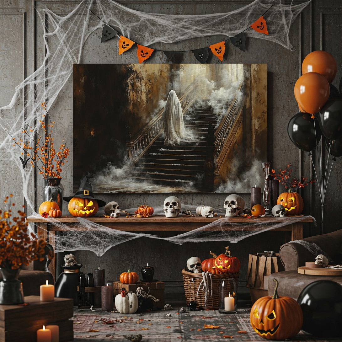Framed Wall Art: Spooky ghost ascending a staircase in a haunting, atmospheric canvas print. Warm, autumnal color palette perfect for Halloween decor.