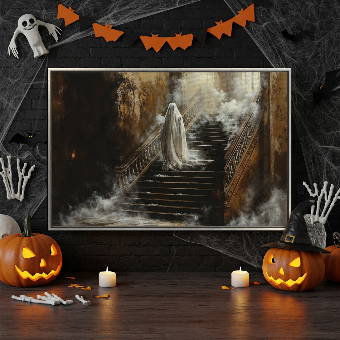 Framed Wall Art: Spooky ghost on a staircase. Dark, moody artwork with a warm color palette. Perfect Halloween decor.