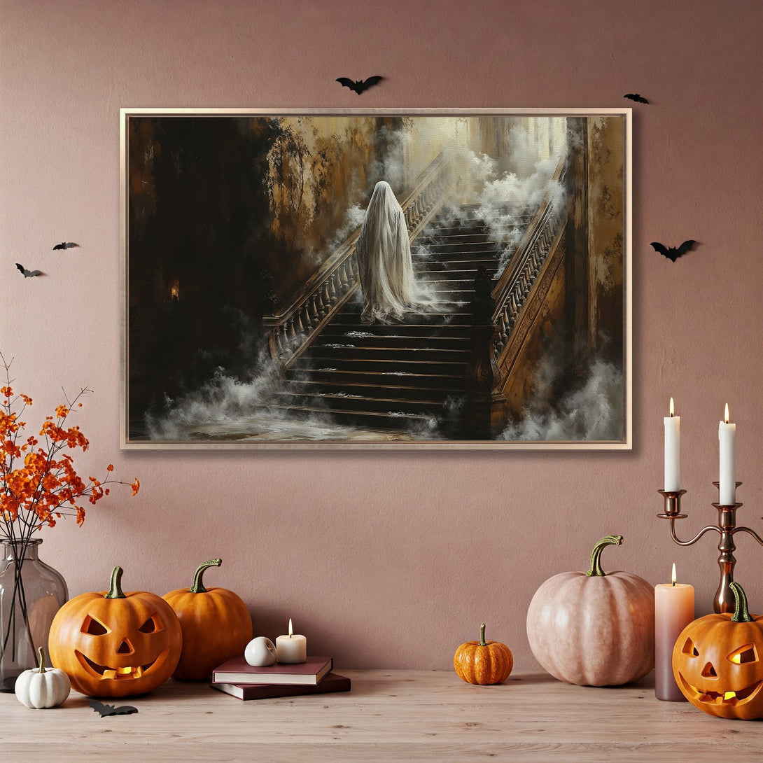 Framed Wall Art: Spooky ghost ascending stairs in a vintage style, with a warm, autumnal color palette. Perfect Halloween decor!