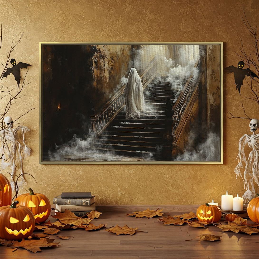 Canvas Print of a haunting ghost on a staircase, perfect for Halloween decor. Features a moody, sepia-toned palette.