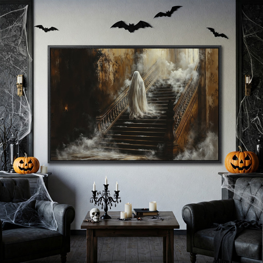 Framed Wall Art: Spooky ghost on staircase canvas print in warm, moody tones. Perfect Halloween decor!