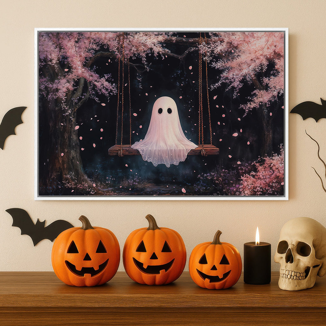 Framed Wall Art: Whimsical ghost on a swing in a dreamy forest scene. Soft pink and black color palette. Perfect Halloween decor!