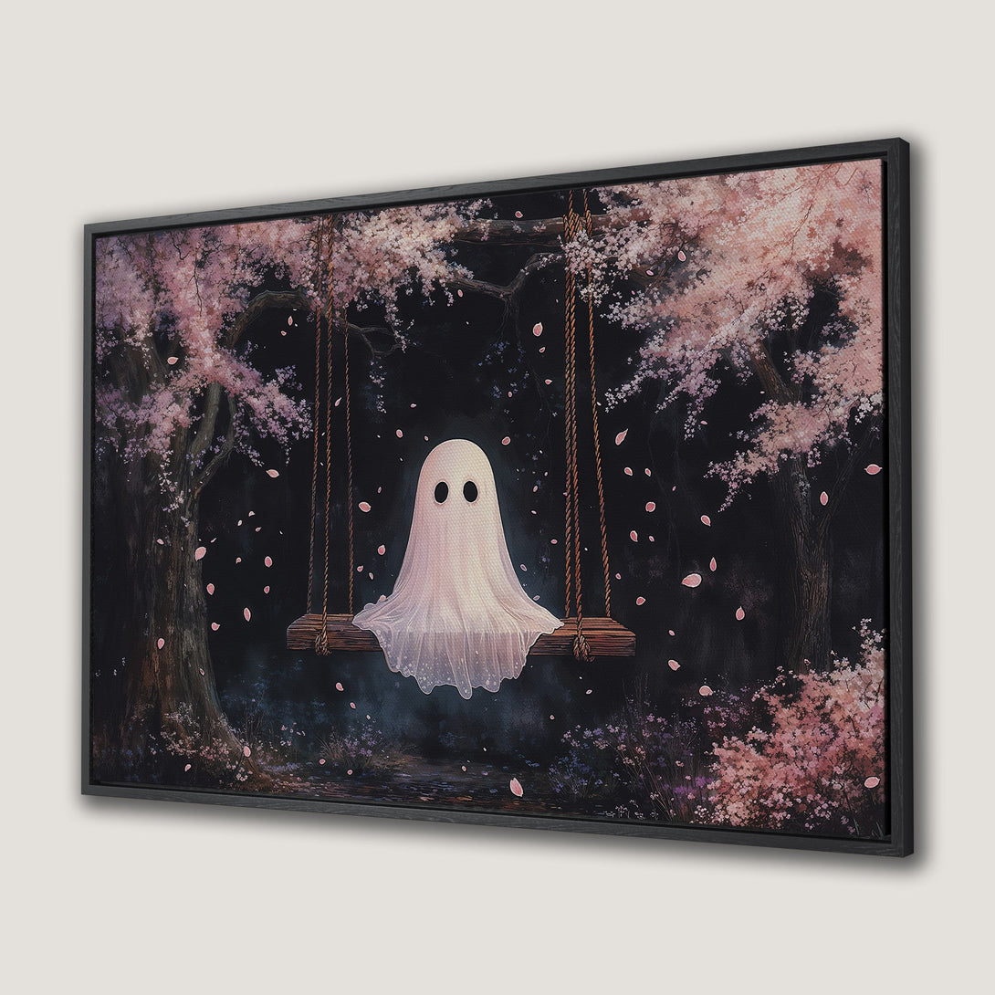 Framed Wall Art: Whimsical ghost on a swing in a dreamy forest, featuring a dark, romantic style with a pink and black color palette.
