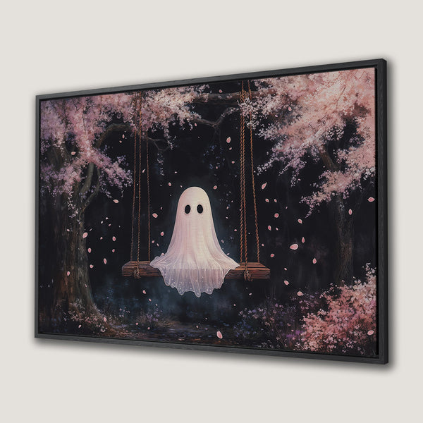 Framed Wall Art: Whimsical ghost on a swing in a dreamy forest, featuring a dark, romantic style with a pink and black color palette.