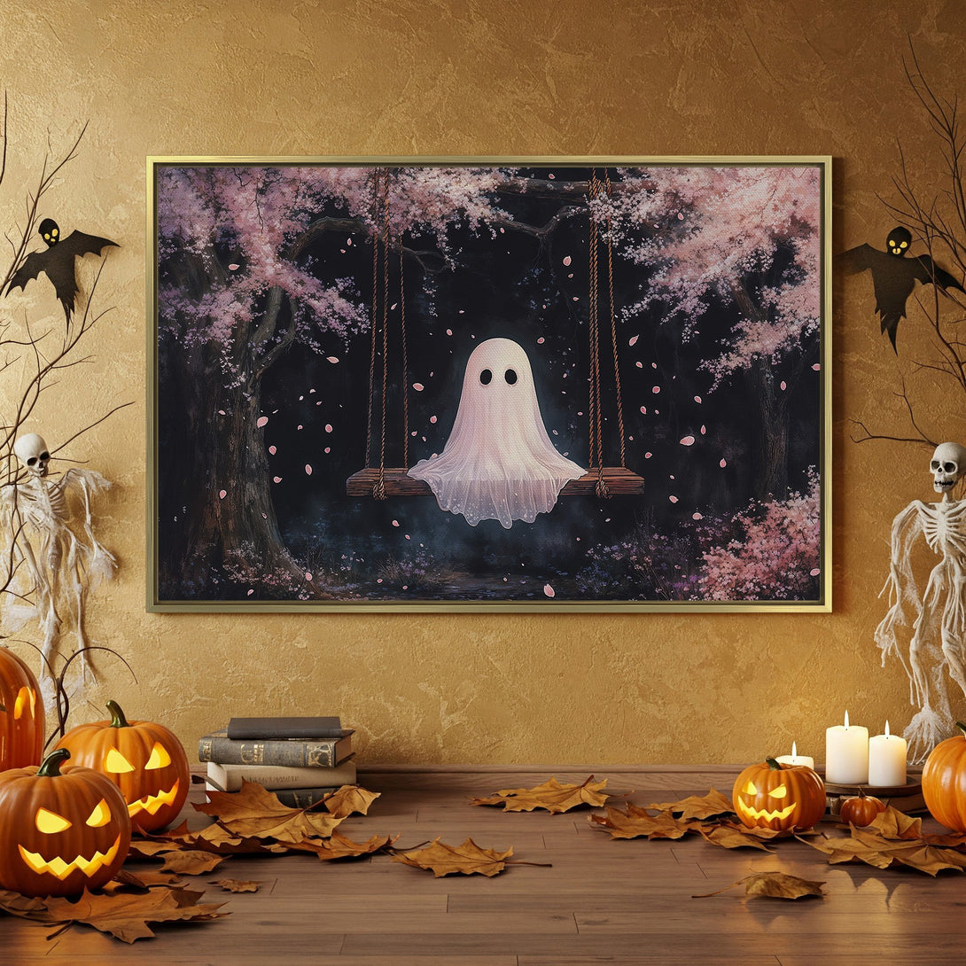 Canvas Print: Spooky ghost on a swing art, perfect for Halloween decor. Features a dark, moody color palette with orange and pink accents.