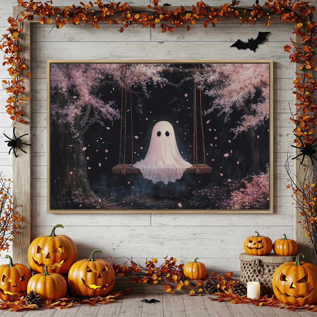 Framed Wall Art: Spooky ghost on a swing in a pink blossom forest. Perfect Halloween decor. Dark, moody color palette.