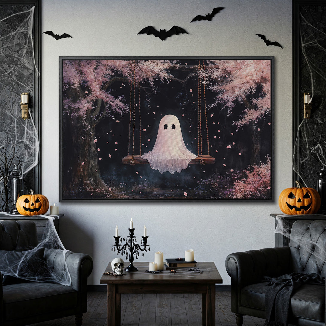 Framed Wall Art: Whimsical ghost on swing in a dark, dreamy forest scene. Pink and black color palette, perfect for Halloween decor.
