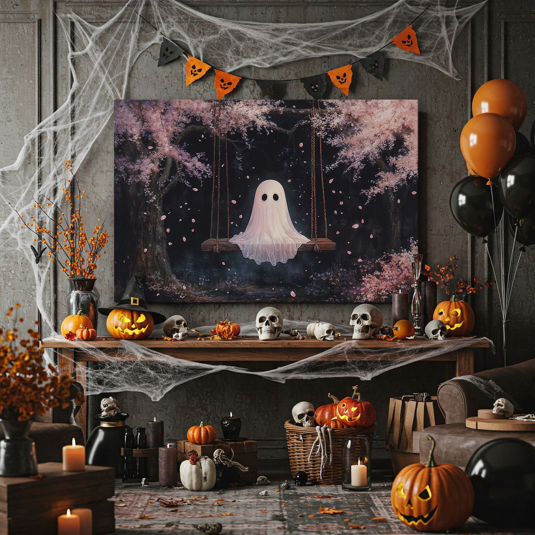 Framed Wall Art: Spooky ghost on swing in a whimsical, dark pink and black forest. Perfect Halloween decor! Add a touch of mystery to your space.