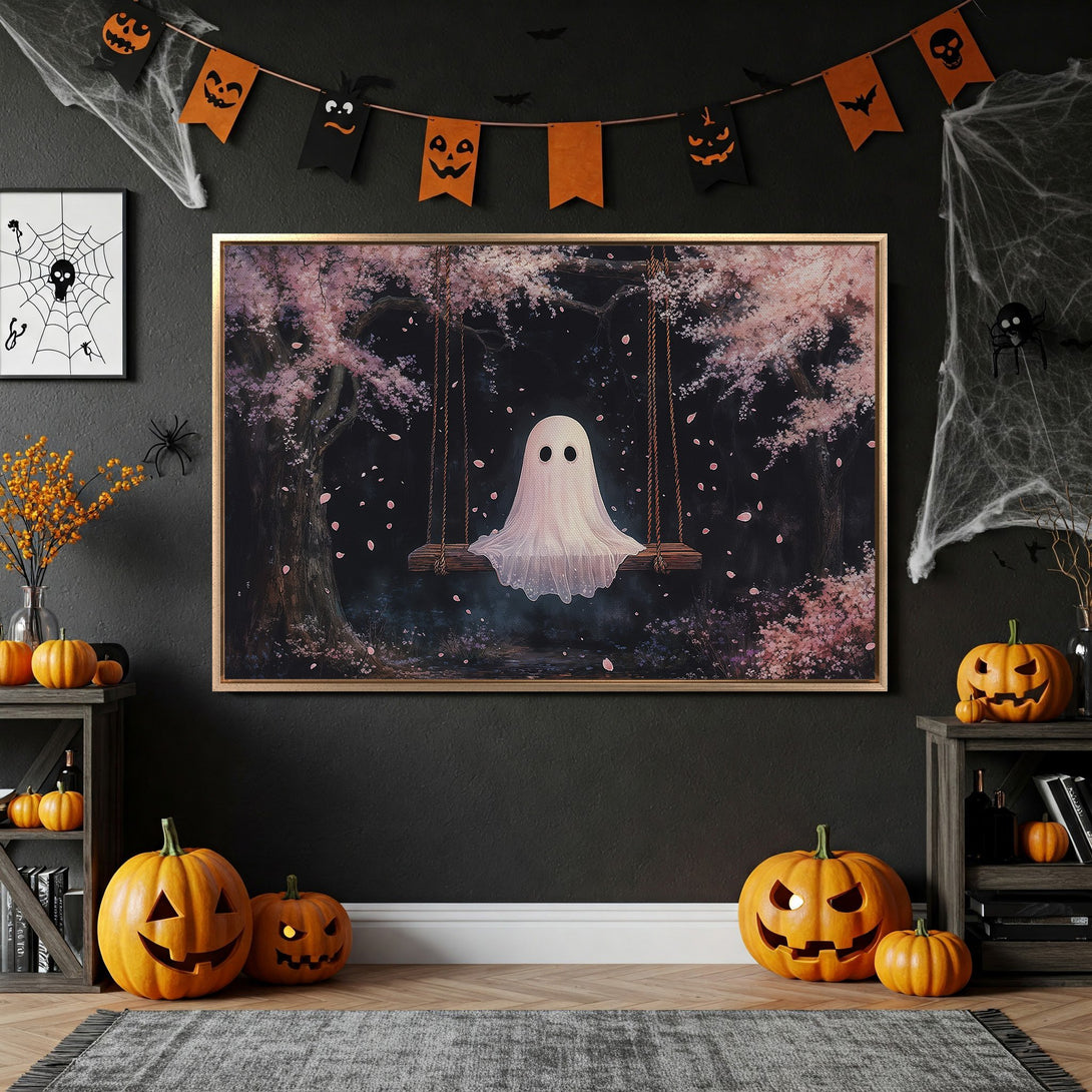 Framed Wall Art: Spooky ghost on a swing in a dark forest. Ethereal art with a pink and black color palette, perfect Halloween decor.