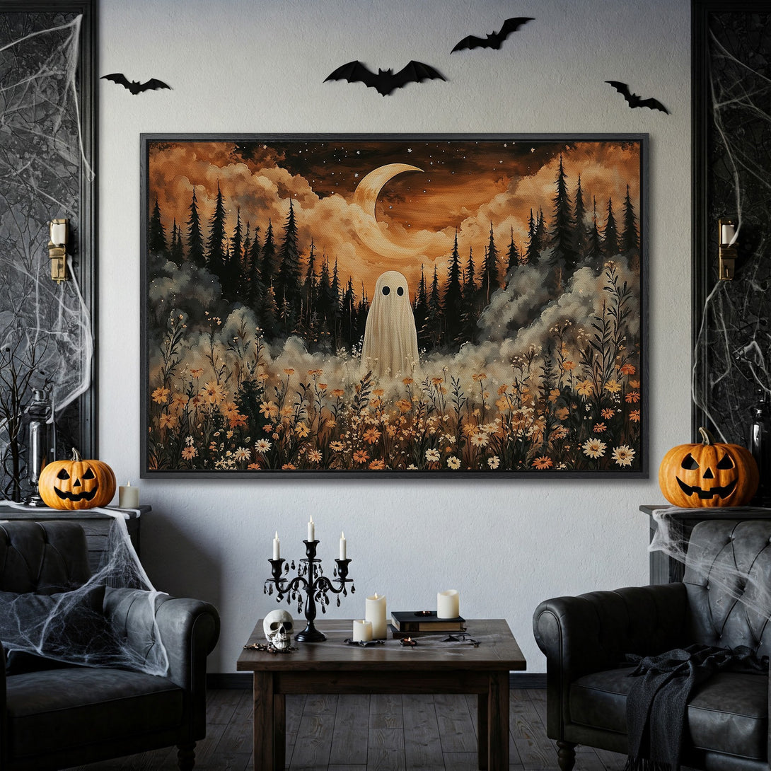 Framed Wall Art: Spooky ghost landscape in warm orange tones. Perfect Halloween decor!