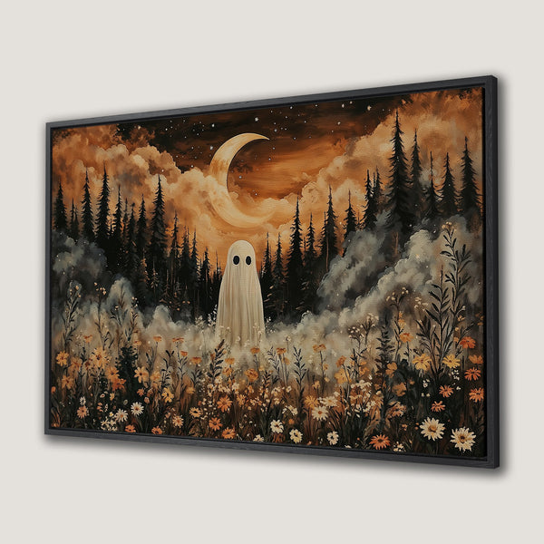 Framed Wall Art: Spooky ghost in a forest scene with a warm, autumnal color palette. Perfect for Halloween decor.