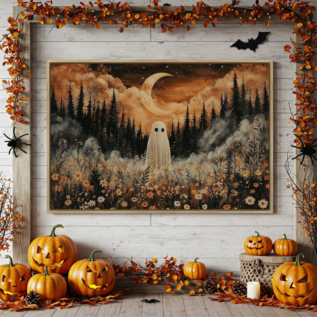 Framed Wall Art featuring a spooky ghost in a forest scene, perfect for Halloween decor. Warm orange and black color palette, whimsical style.