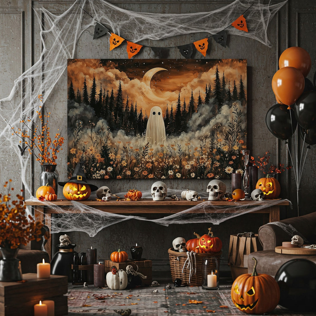 Framed Wall Art featuring a spooky ghost in a forest scene. Warm, autumnal color palette. Perfect Halloween decor for a cozy, haunted vibe.