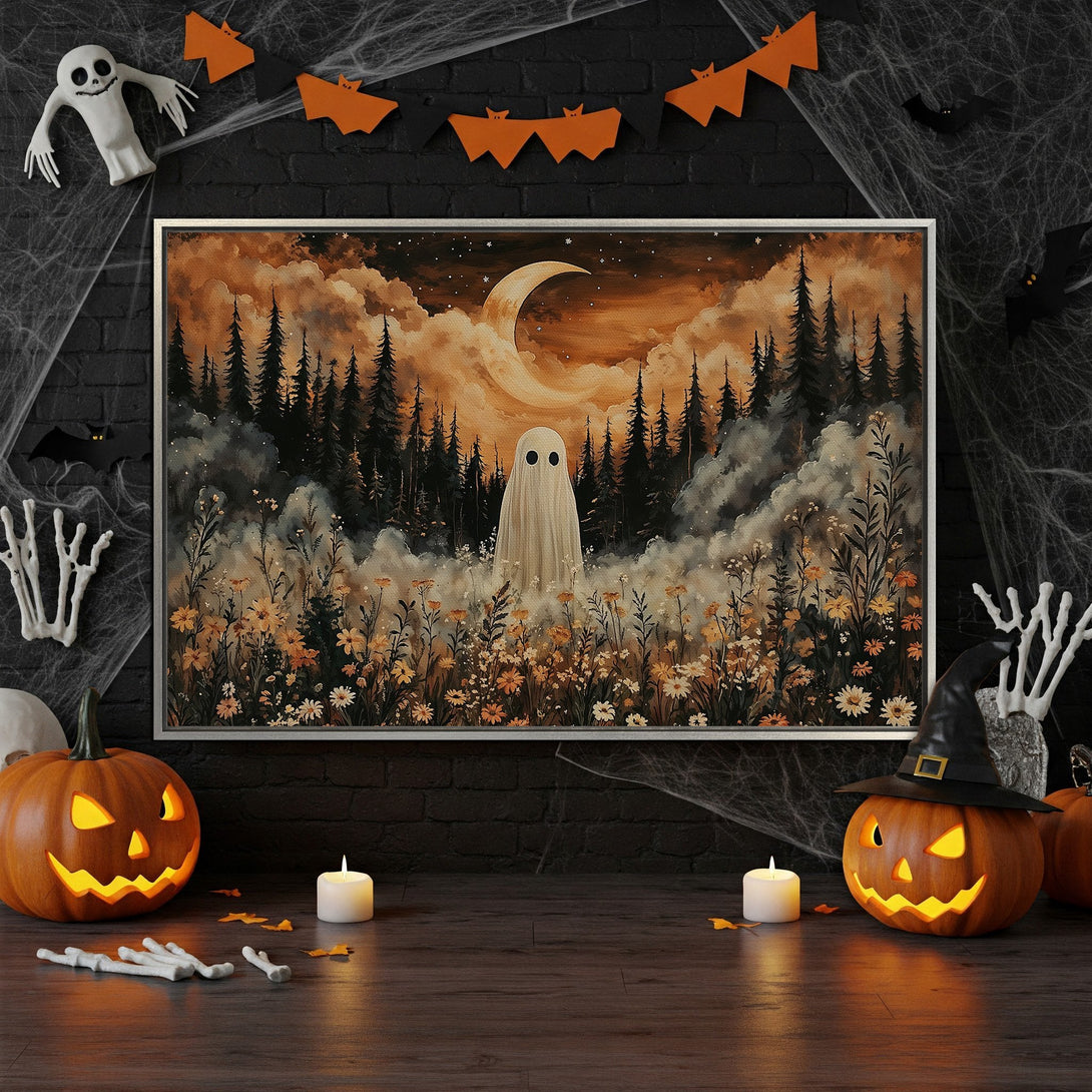 Framed Wall Art: Spooky ghost in a forest landscape, warm orange & black color palette. Perfect Halloween decor for your home!
