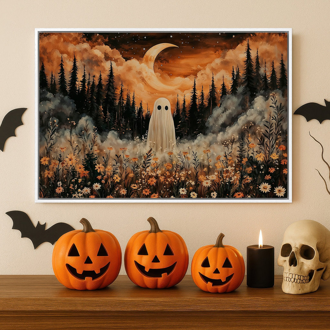 Framed Wall Art: Spooky Halloween ghost in a forest, warm orange and black color palette, perfect for fall decor.