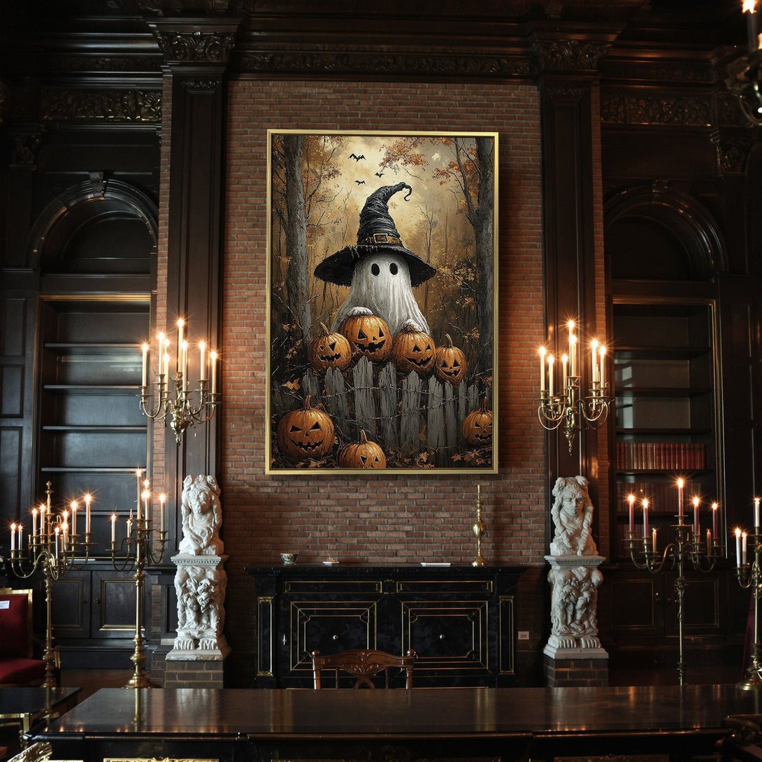 Canvas Print: Spooky Halloween art featuring a ghost in a witch hat and carved pumpkins, in a warm, autumnal color palette. Perfect for your spooky decor!