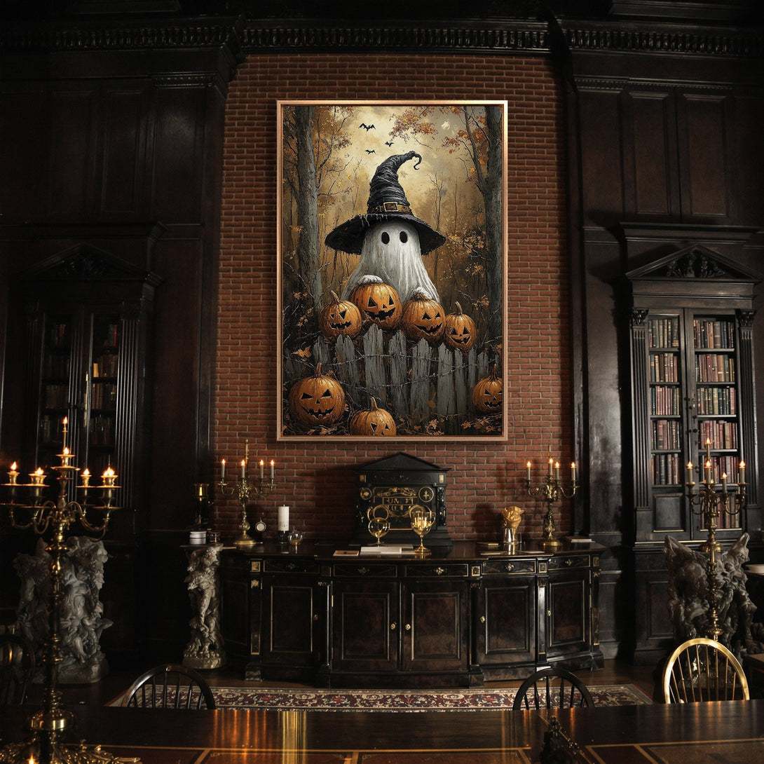 Framed Wall Art: Spooky Halloween ghost with pumpkins in a dark, moody interior. Rich, autumnal color palette. Perfect for adding a touch of eerie elegance.
