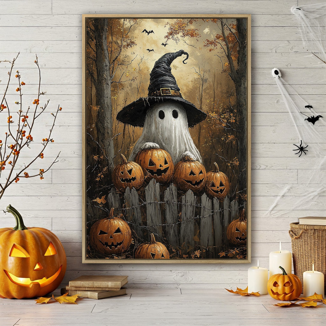 Framed Wall Art: Spooky Halloween scene with a ghost, pumpkins, and a witch hat. Warm, autumnal color palette. Perfect for seasonal decor!
