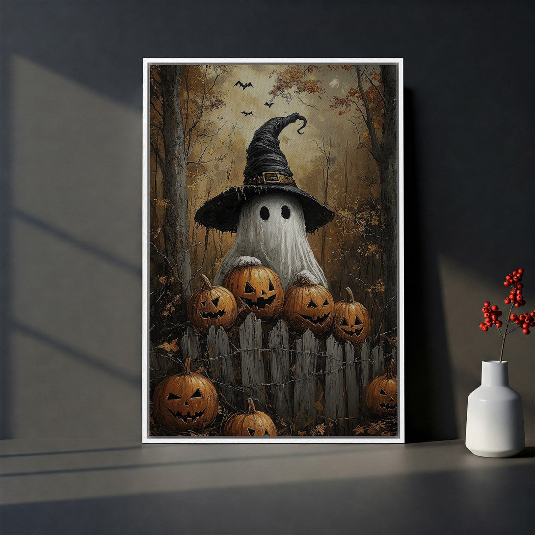 Framed Wall Art: Spooky Halloween scene with a ghost in a witch hat and pumpkins. Warm, autumnal color palette. Perfect for seasonal home decor.