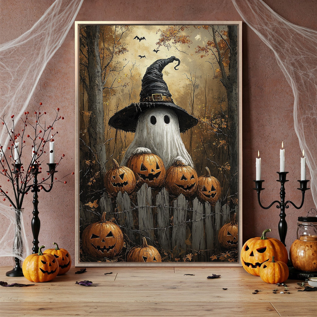 Framed Wall Art: Spooky Halloween scene with a witch ghost and pumpkins. Rustic style with warm orange and brown tones. Perfect for fall decor.
