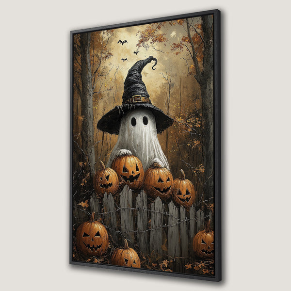 Framed Wall Art: Spooky Halloween ghost in a witch hat with jack-o'-lanterns, set in a forest with a warm, autumnal color palette. Perfect for seasonal decor!