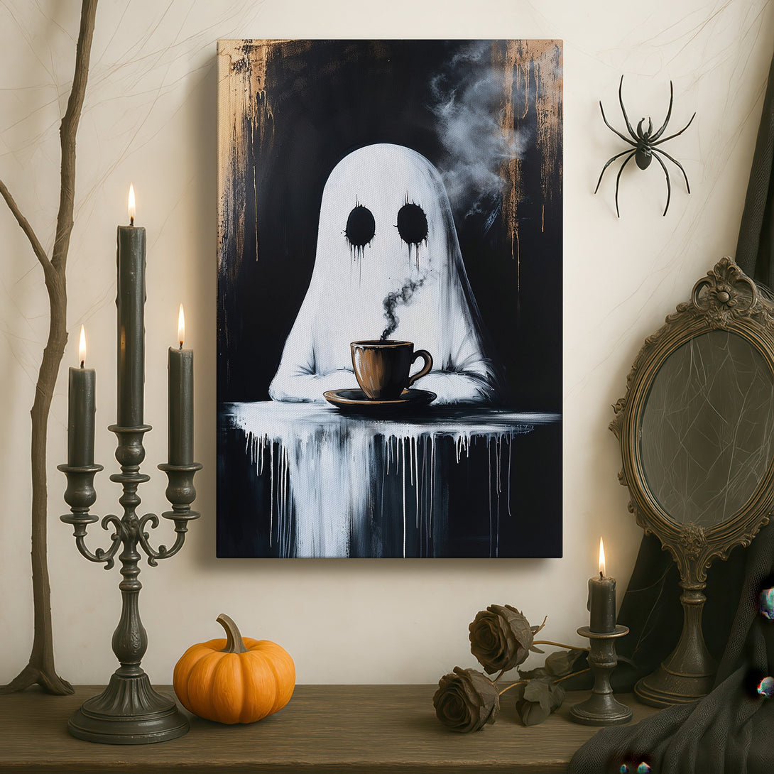 Framed Wall Art: Spooky ghost enjoying coffee. Modern black and white art with gold accents. Perfect for adding a unique touch to any room.