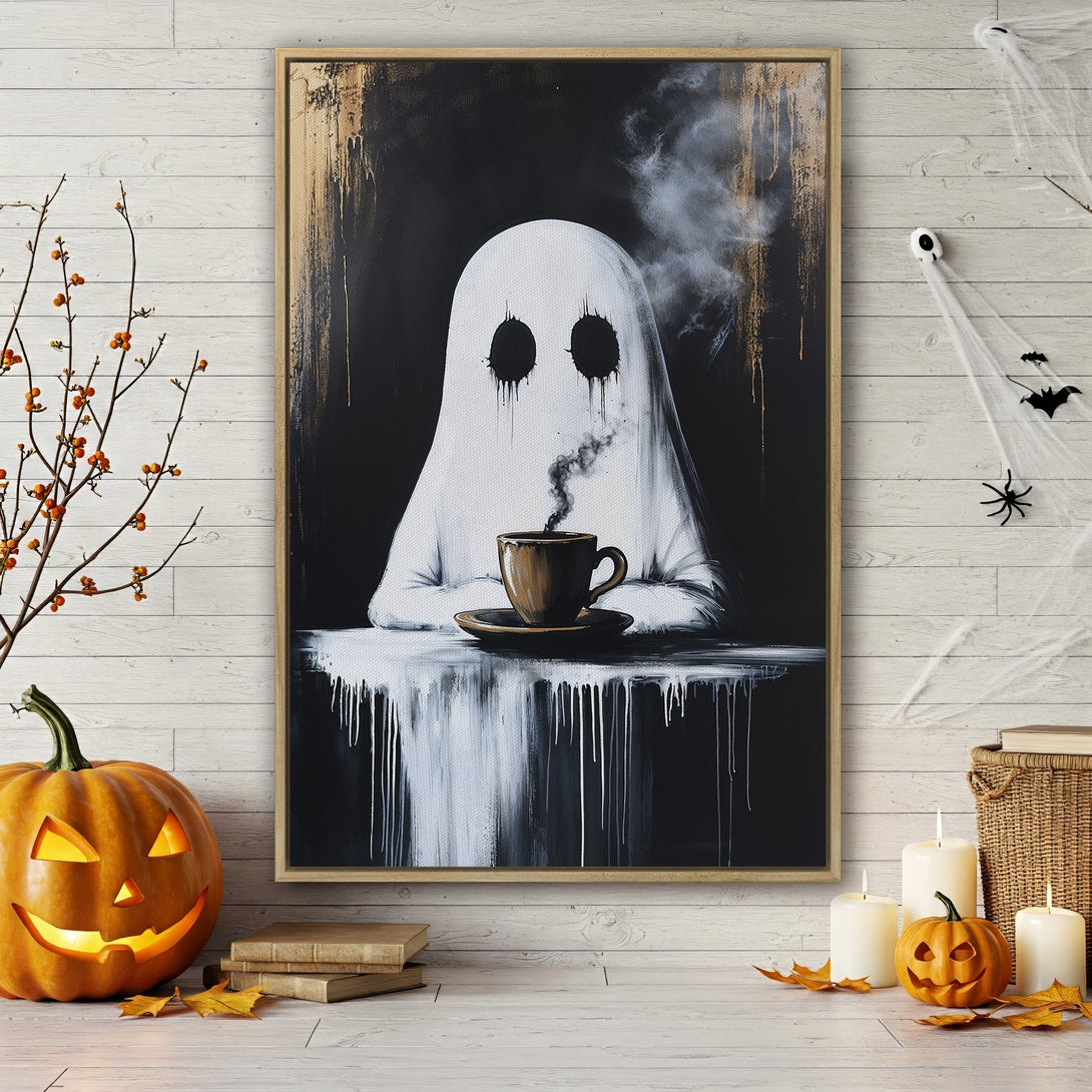 Framed Wall Art: Spooky ghost enjoying coffee in a modern art style. Black, white, and gold color palette perfect for Halloween decor.