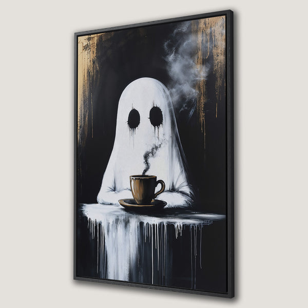 Framed Wall Art: Whimsical ghost enjoying coffee. Modern, abstract style with a black, white, and gold color palette. Perfect for adding a unique touch to any space.