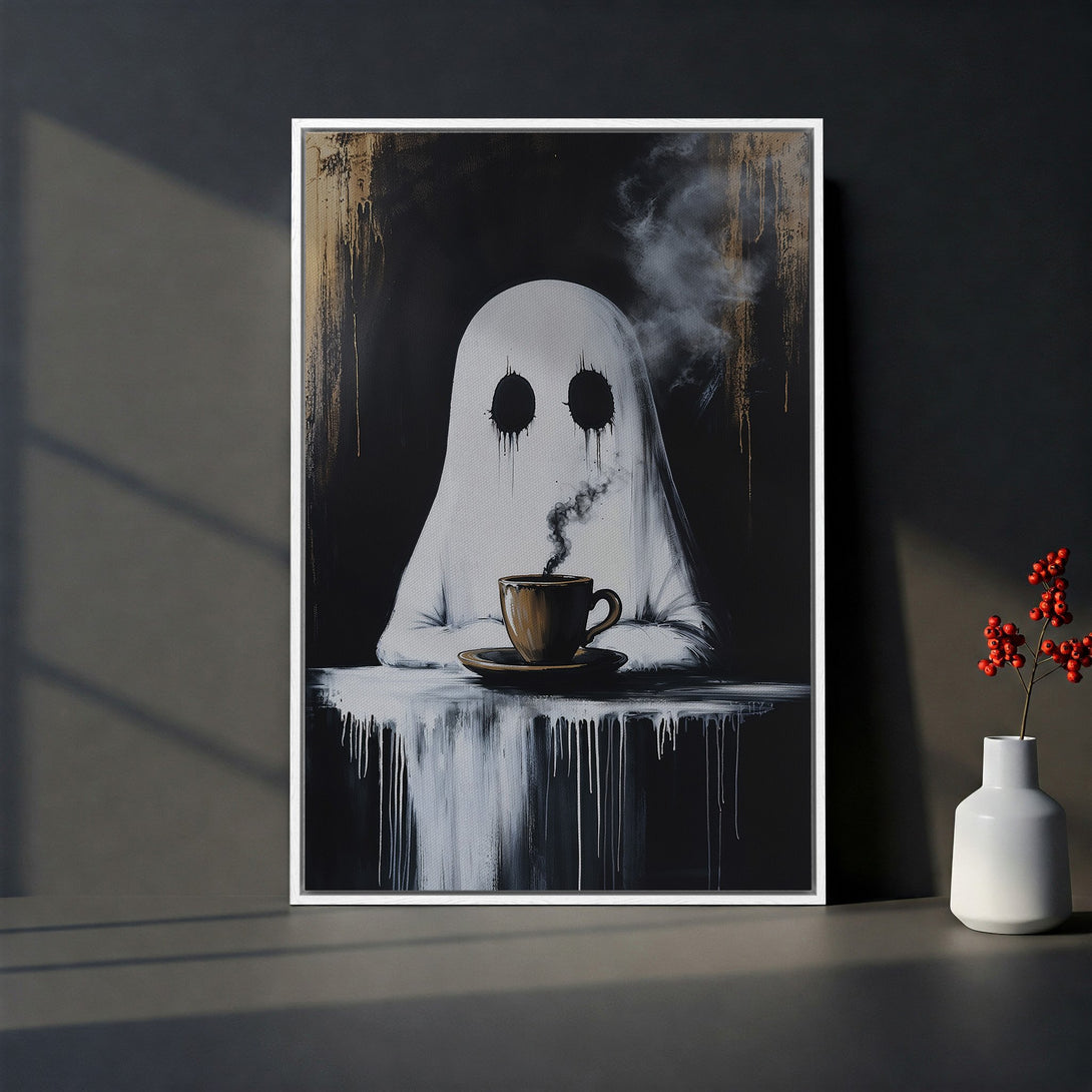 Framed Wall Art: Spooky ghost enjoying coffee. Black, white, and gold abstract art print. Perfect for Halloween decor or unique home accent.