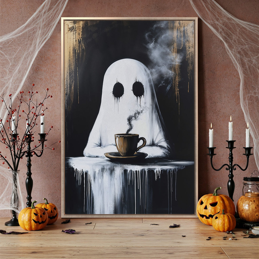 Framed Wall Art: Spooky ghost enjoying coffee. Modern black and white art with gold accents. Perfect Halloween decor.