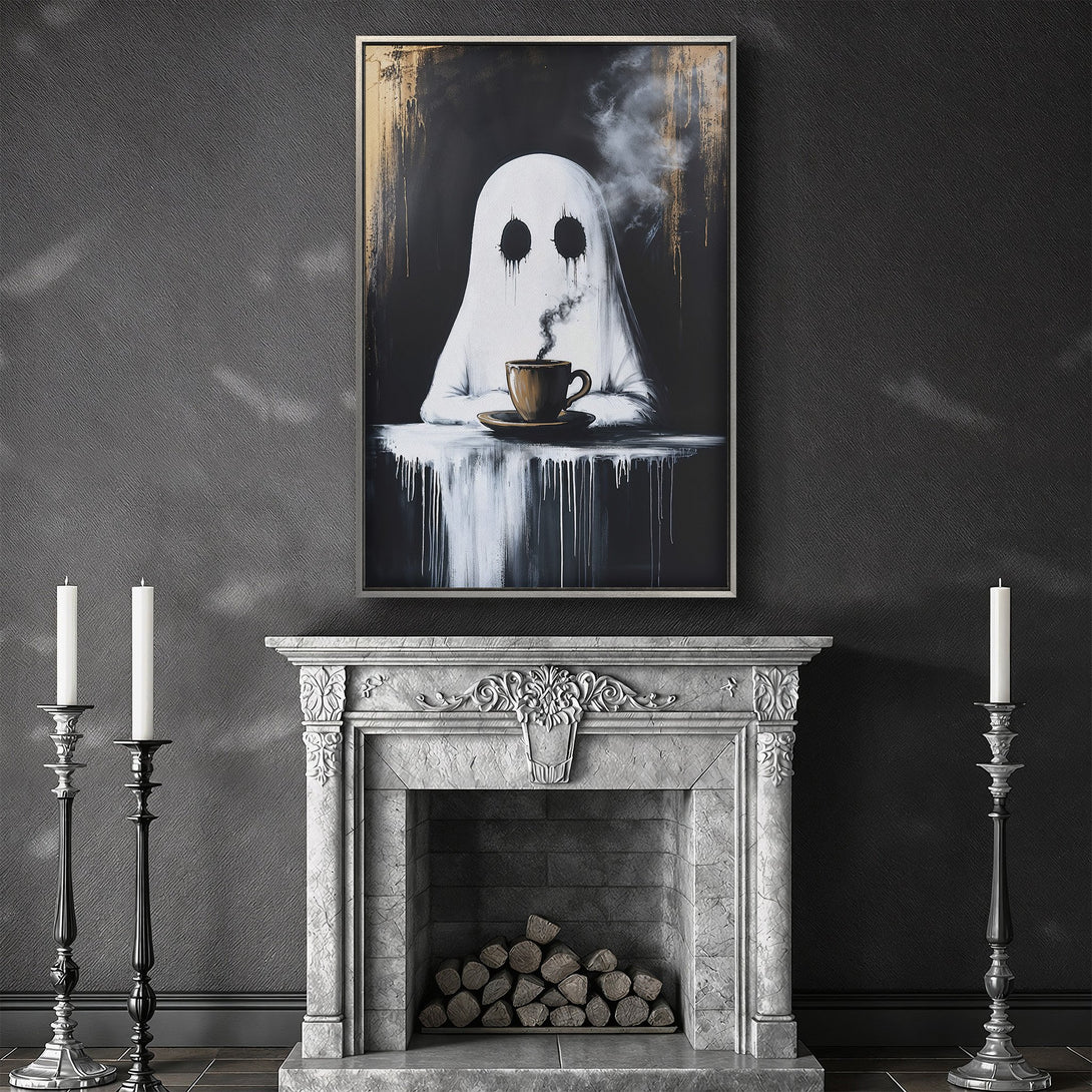 Framed Wall Art featuring a ghost enjoying coffee, modern art style. Black, white, and gold color palette. Perfect for a spooky yet stylish decor.