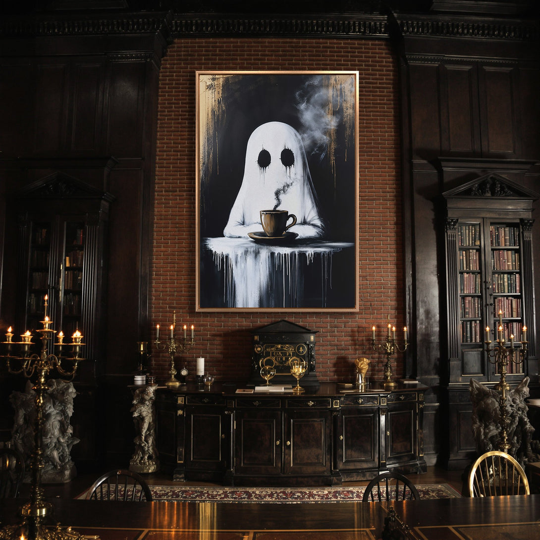 Framed Wall Art featuring a ghost with a coffee cup, modern black and white style with gold accents, displayed in a dark, gothic interior.