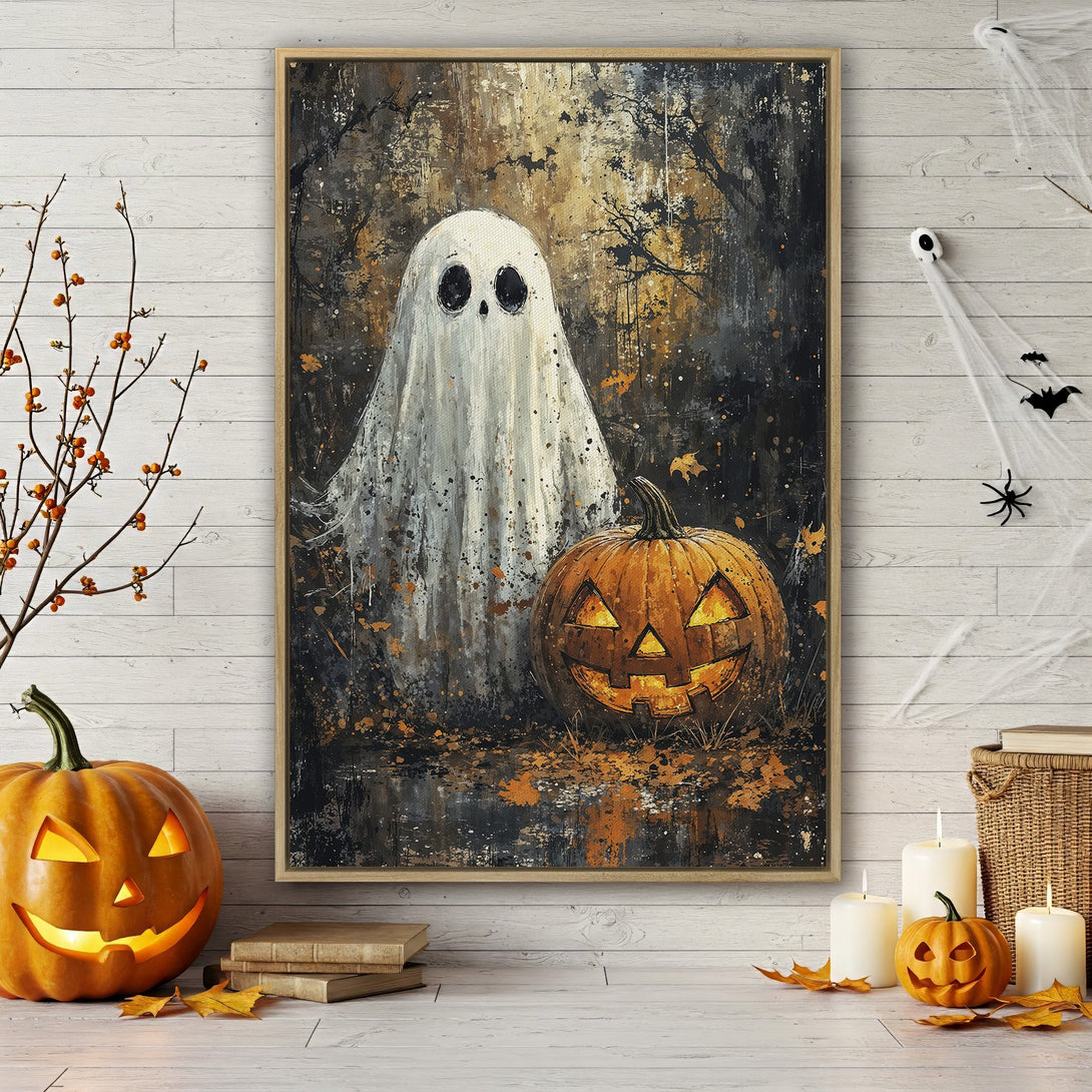 Framed Wall Art: Spooky Halloween ghost and jack-o'-lantern canvas print. Dark, moody color palette with orange and black accents. Perfect for seasonal decor.