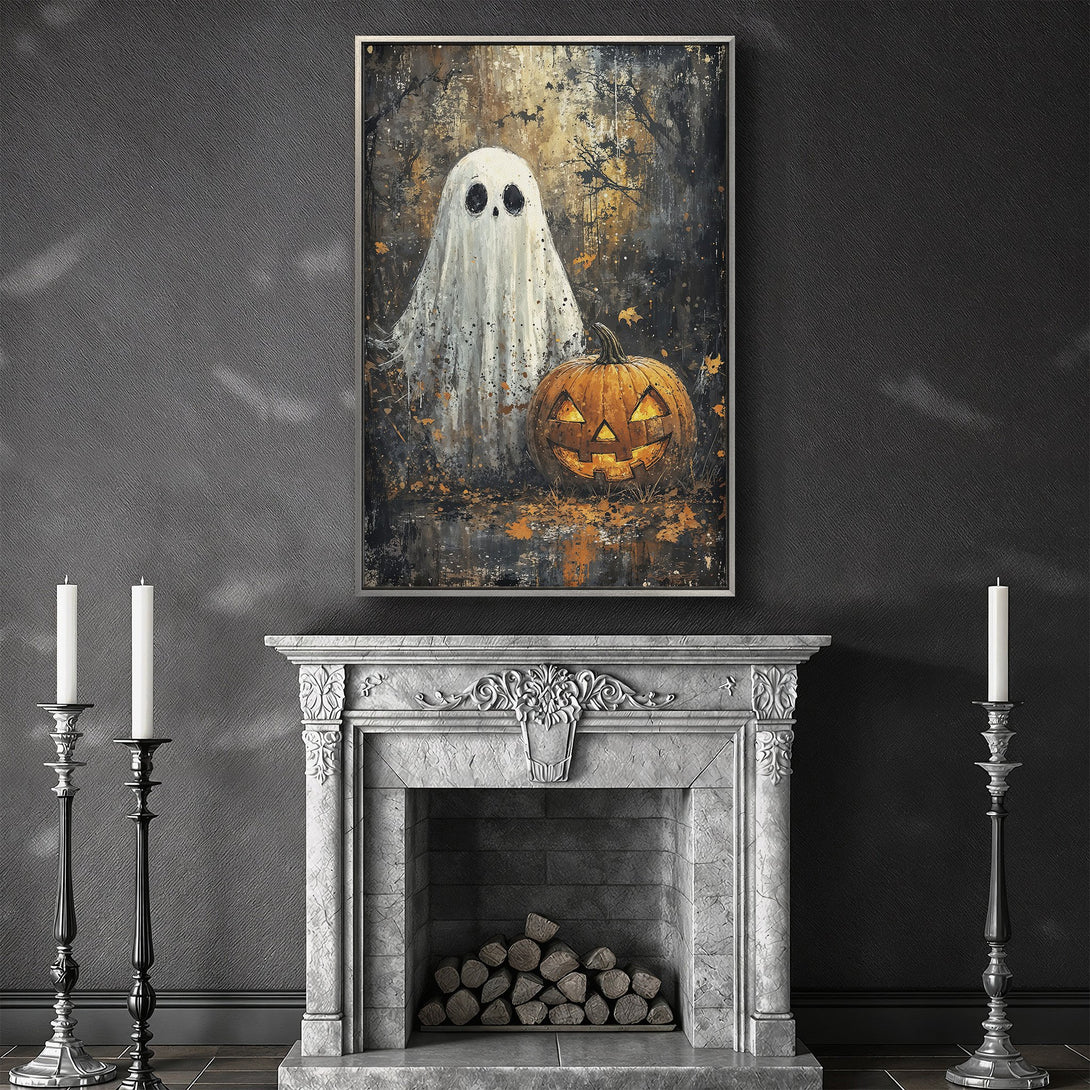 Framed Wall Art: Spooky Halloween ghost and pumpkin art in a dark, moody color palette. Perfect for adding a touch of Halloween spirit to your home decor.