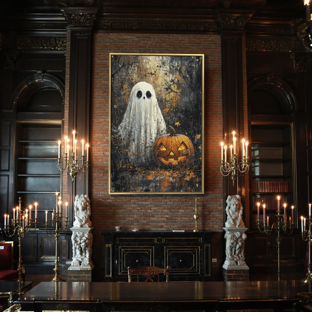 Canvas Print featuring a spooky ghost and jack-o'-lantern in a dark, painterly style. Warm orange and black color palette, perfect Halloween decor.