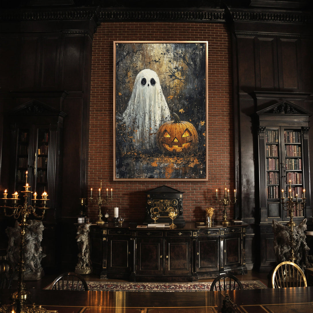 Framed Wall Art: Spooky Halloween ghost and pumpkin painting in a dark, moody interior. Features a cool color palette with orange and black accents.