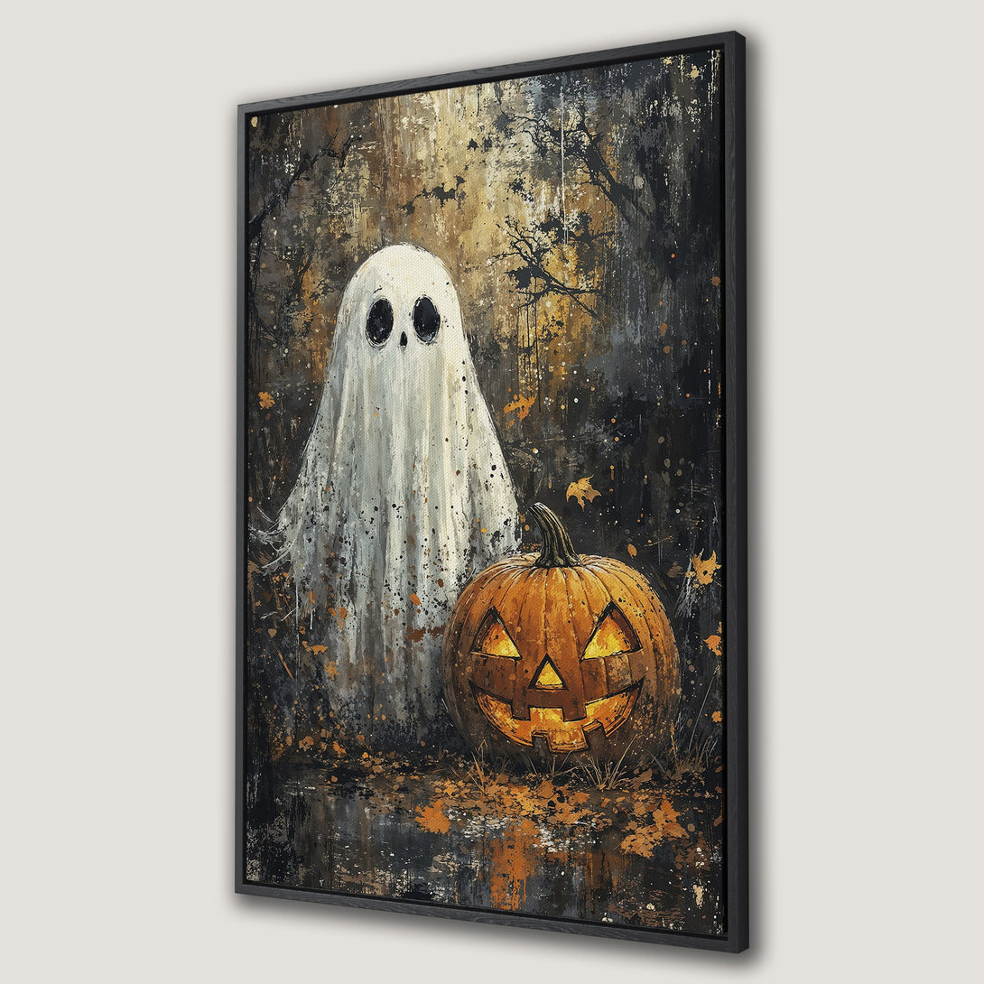 Framed Wall Art: Spooky Halloween scene with ghost and jack-o'-lantern. Dark, painterly style with orange, black, and gold accents. Perfect for seasonal decor!